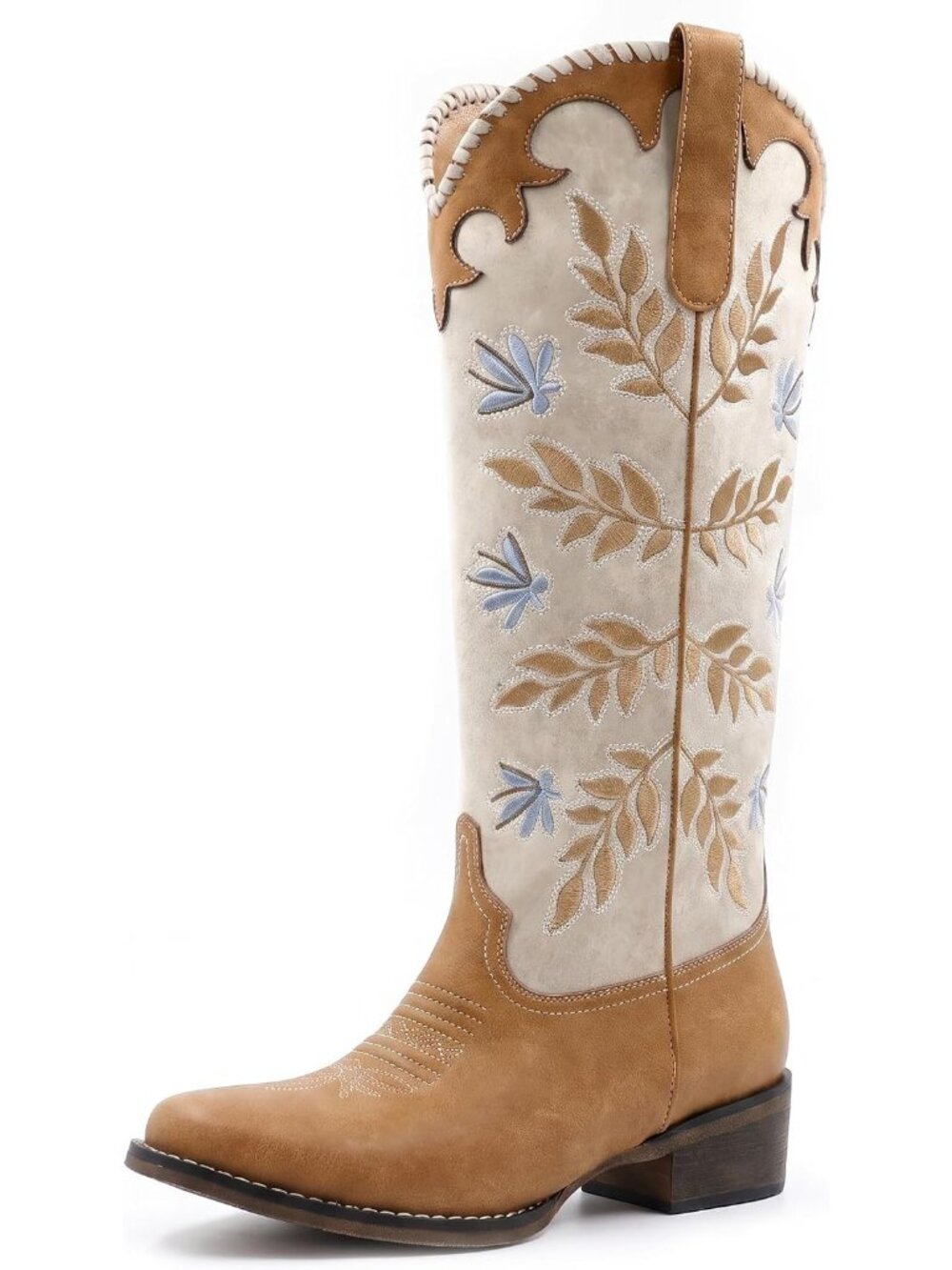 Women's Yellow Cowgirl Boot Pull On Knee High Round Toe Chunky Heel Western Boot